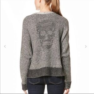 Skull Cashmere Grey/Black Melange Draped Open Front Cardigan with Skull on Back